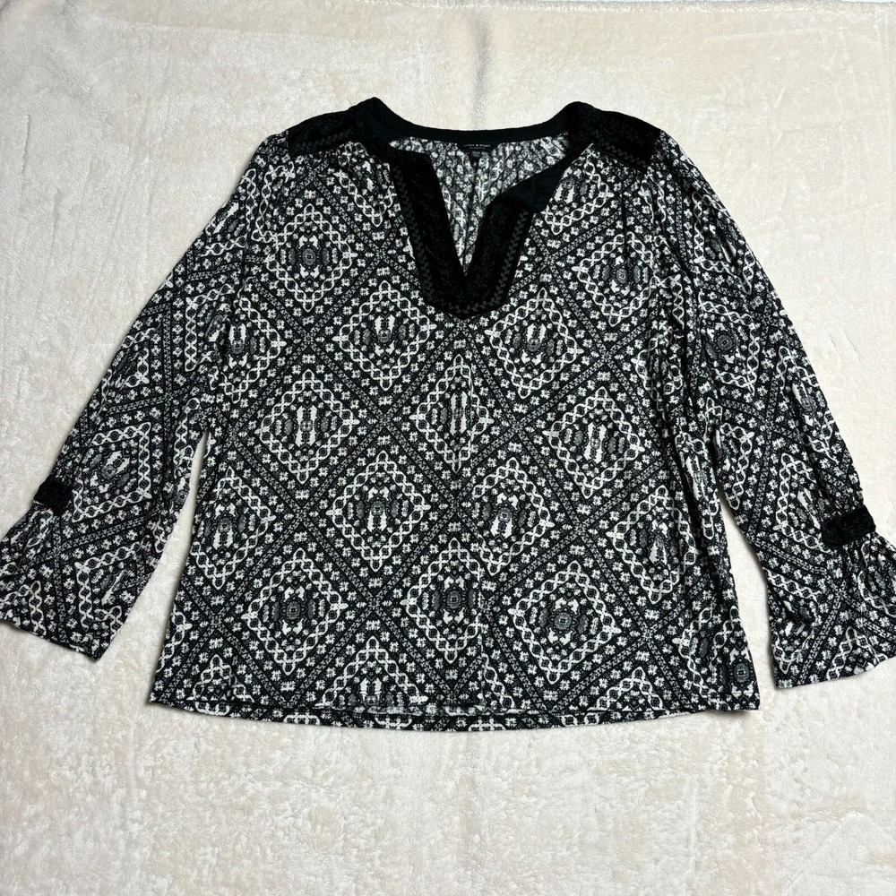 Lucky Brand Women Blouse 2X Black Velvet Embroidered Trim Peasant Bohemian Shirt
